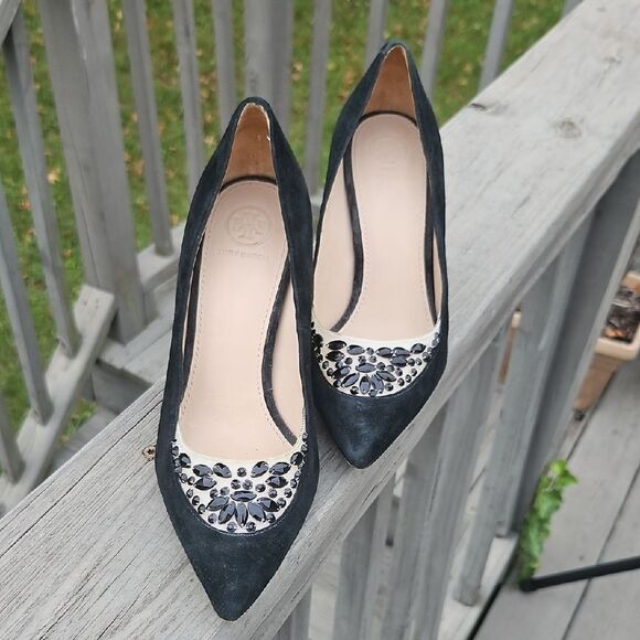 Tory Burch Delphine Rhinestone Heels – Black Suede Size 7 ✨